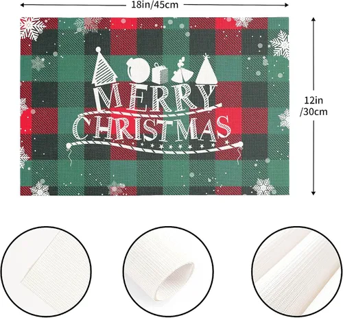 Miniatura 2 de Juego de 4 manteles individuales de Navidad, diseño de copos de nieve a cuadros, para mesa de comedor, impermeables, para decoración de mesa