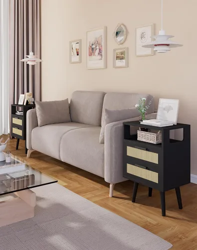 Miniatura 6 de YMYNY Juego de 2 mesitas de noche de ratán, mesa auxiliar bohemia con 2 cajones, estante abierto con diseño arqueado, patas de madera maciza, Negro