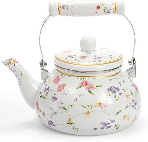 Jucoan Hervidor de té esmaltado vintage, 2.6 cuartos, tetera de agua esmaltada floral con mango de porcelana para estufa, hogar, cocina, campamento,