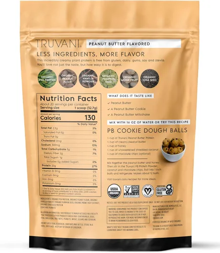 Miniatura 9 de Truvani Proteína vegana de guisantes en polvo, mantequilla de maní, 0.71 oz de proteína orgánica a base de plantas, 20 porciones, ceto, sin gluten