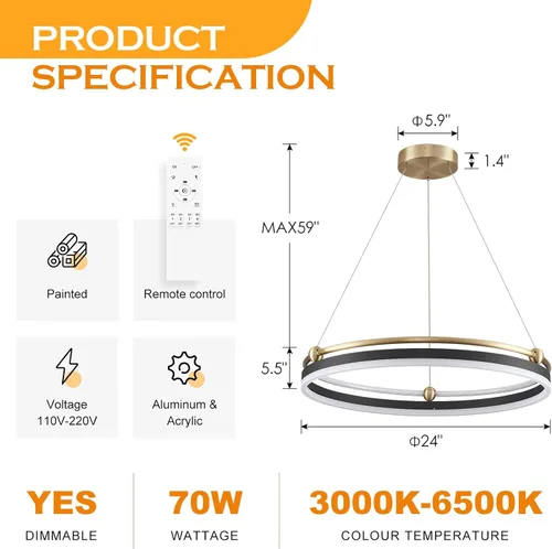 Miniatura 6 de Benkut Lámpara colgante LED moderna D24 pulgadas, color negro dorado, lámpara LED circular regulable, 1 anillo con control remoto, luz colgante