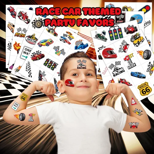 Miniatura 2 de 96 piezas de calcomanías temporales precortadas de autos de carreras, bandera a cuadros, decoración de fiesta de cumpleaños, regalos para niños