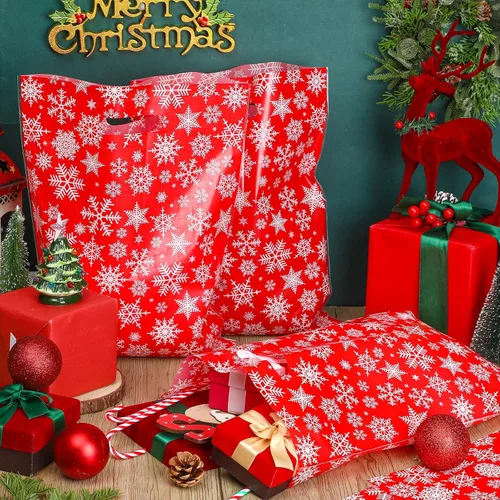 Miniatura 4 de Honoson 100 Piezas Bolsas de Regalo de Plástico de Navidad a Granel 12 x 15 Pulgadas Copo de Nieve Mercancía Navidad Bolsas Reutilizables