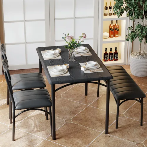 Miniatura 3 de IDEALHOUSE Juego de mesa de comedor para 4, mesa de cocina con sillas para 4, mesa de comedor rectangular de madera con banco tapizado para espacios