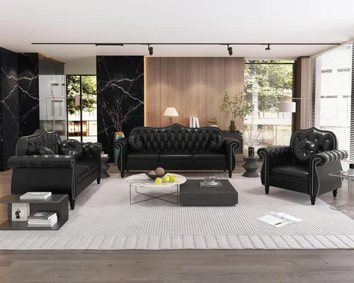 Miniatura 21 de AVZEAR 82" Sofá de tres plazas de cuero, sofá Chesterfield, sofá tapizado en PU de estilo moderno de mediados de siglo, sofá de sala de estar
