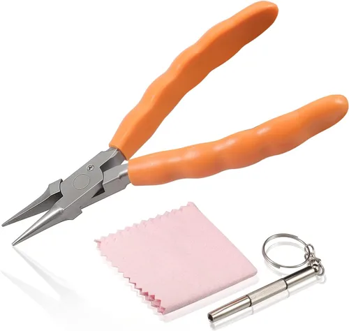 Miniatura 9 de Alicates de punta doblada de 6 pulgadas, kit de herramientas de reparación y ajuste de lentes de acero inoxidable con destornillador y paño