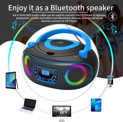 Miniatura 5 de Reproductor de radio portátil CD Boombox con Bluetooth, radio FM, reproducción de MP3 por USB, entrada AUX, conector para auriculares, compatible