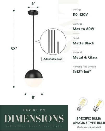Miniatura 4 de LMS Luces colgantes negras de 8 pulgadas para isla de cocina, lámpara colgante moderna de globo con vidrio esmerilado, lámpara colgante Negro