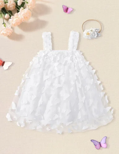 Miniatura 5 de Vestido tutú para niñas pequeñas, sin mangas, con diseño de mariposa, tul, para cumpleaños, princesa, con diadema de flores