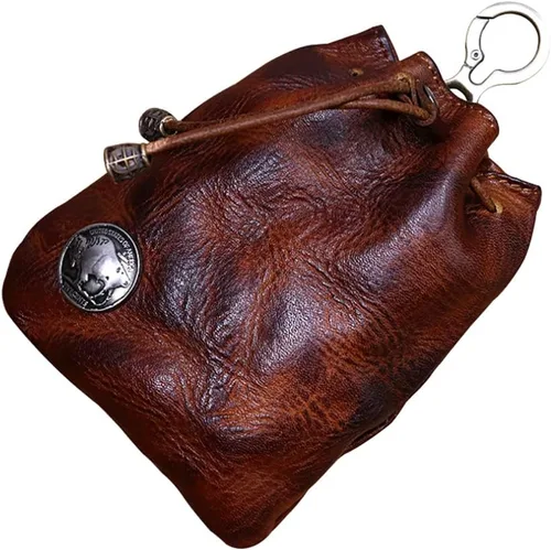 Wugebud 1 llavero medieval de cuero, organizador de monedas, soporte para cambios, bolsa de cuero con cordón para hombres y mujeres, Marrón,
