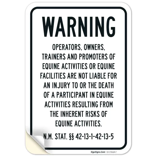 Sigo Signs, Warning Under New Mexico Law Patrocinador de actividad equina o letrero profesional, 10 x 7 pulgadas, calcomanías de vinilo de 4 mil
