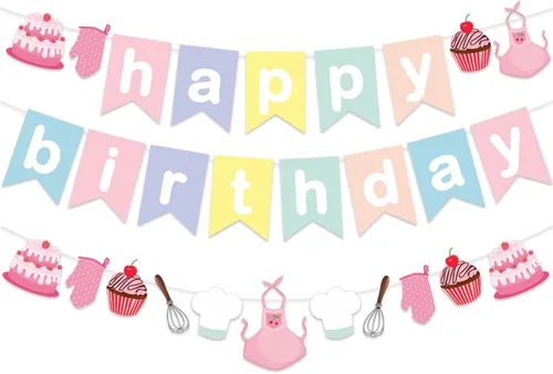 Zwiebeco Decoración de fiesta de feliz cumpleaños para hornear, pancarta rosa colorida para colgar guirnalda de papel para niños y niñas,
