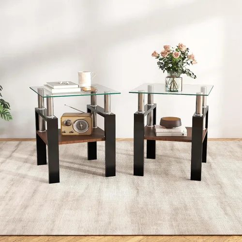 Miniatura 16 de Meihua Mesa auxiliar de vidrio para espacios pequeños, mesa auxiliar cuadrada de vidrio, mesita de noche moderna de 2 niveles con patas de metal