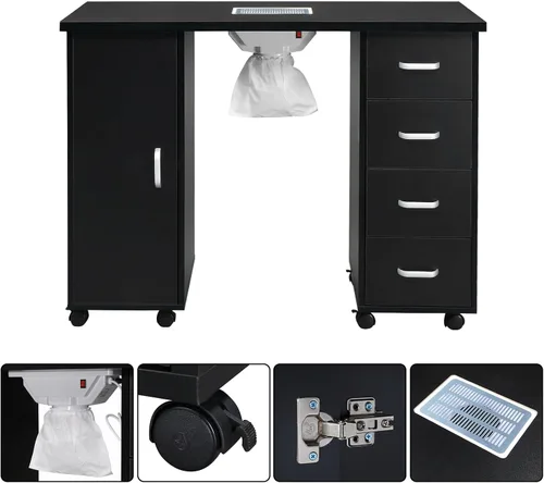 Miniatura 2 de Winado Estación de mesa de manicura para uñas, escritorio de uñas de spa con ventilación eléctrica de corriente descendente, ruedas de bloqueo, Negro