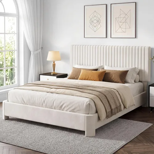 Miniatura 12 de Vipbear Base de cama de tamaño matrimonial con heaboard, marco de cama tapizado de terciopelo de lujo con soporte de listones de madera, bajo