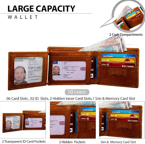 Miniatura 2 de STARHIDE Billetera triple de piel envejecida para hombre, con bloqueo RFID, con bloqueo RFID #1145
