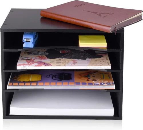 Miniatura 4 de EMERIT Organizador de Papel de Madera Organizador de Escritorio Almacenamiento Bandeja de Cartas Clasificador de Archivos con Estantes Ajustables