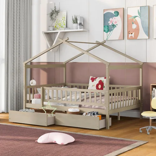 Miniatura 14 de Cama de madera de tamaño individual con dos cajones y techo, cama de plataforma con 2 cabeceros, para dormitorio de niños, adolescentes, niñas