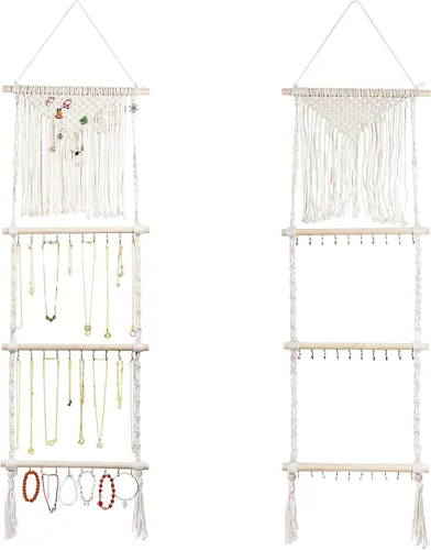 Teniinet Organizador colgante de joyas, colgador de collar de macramé bohemio montado en la pared con 30 ganchos, soporte de joyería colgante en