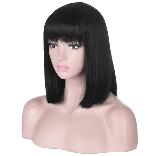 Miniatura 2 de Peluca corta y recta negra con flequillo para mujer Pelucas de cabello sintético resistente al calor natural