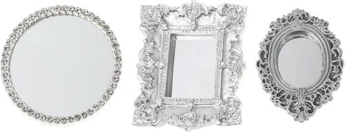 Totority Espejo redondo para casa de muñecas, 3 piezas, espejo de pared tallado vintage para decoración, juego de marcos de fotos ovalados de plata