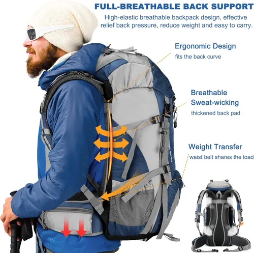 Miniatura 3 de Mochila Loowoko de 50 l para senderismo, impermeable, con cubierta para la lluvia, mochila esencial para acampar, mochila ligera de 45 + 5 litros