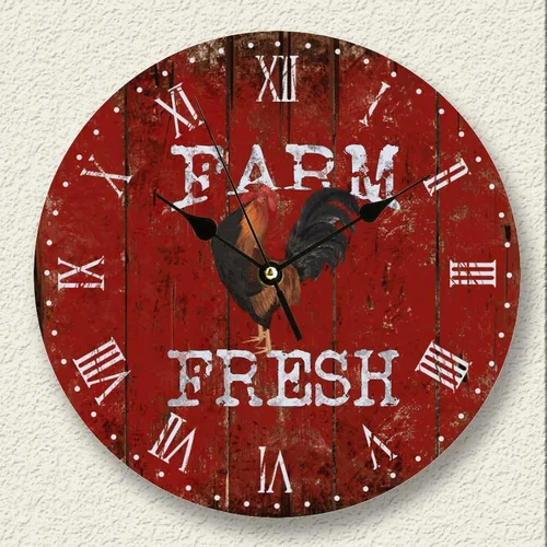 Reloj de pared de madera vintage, estilo rústico, redondo, decorativo, funciona con pilas, sin tictac, diseño de animales frescos, gallo rojo,