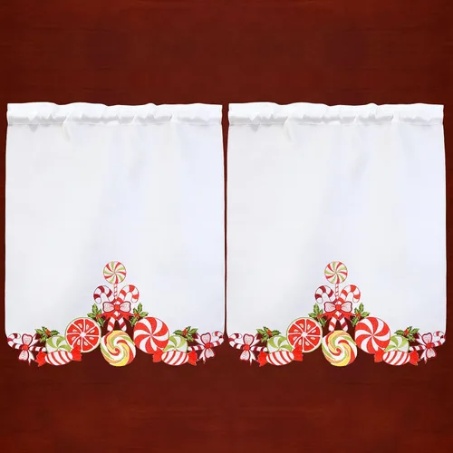 Miniatura 4 de Juego de cortinas bordadas de bastón de caramelo para ventana de cocina con cenefa y niveles para las fiestas navideñas (Bastón de caramelo)