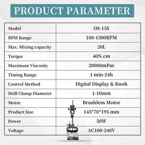 Miniatura 6 de Agitador digital OS-15S de 20 L (H₂O) para laboratorio, soporte de acero inoxidable con base en H y 1 paleta de agitación 100-1500RPM, 20000 mPas
