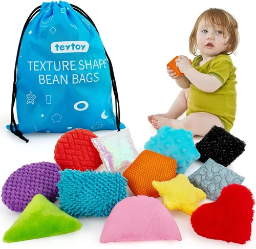 Teytoy Puf sensorial con textura, 12 juguetes con forma de ansiedad con bolsa de almacenamiento, desarrolla motricidad fina y juego sensorial para
