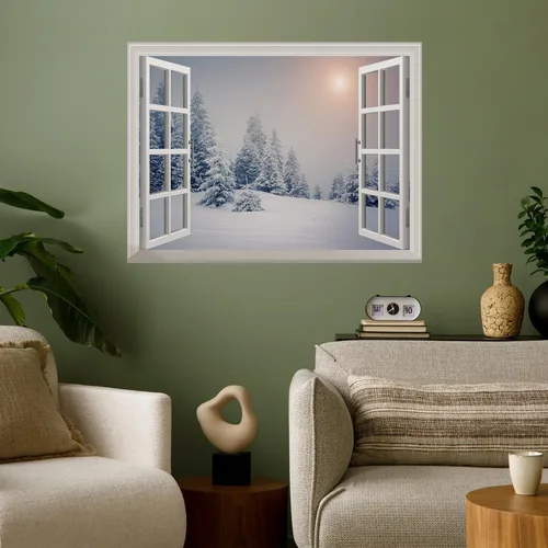 wall26 Adhesivo mural de pared removible de pinos cubiertos por nieve blanca fuera de la ventana abierta, decoración de pared - 36 x 48 pulgadas