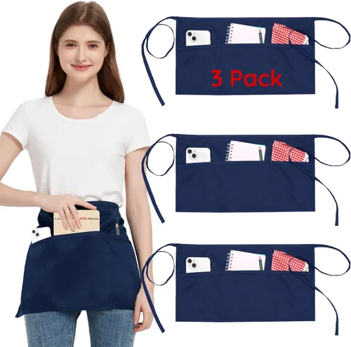 Miniatura 12 de Paquete de 3 delantales de cintura con 3 bolsillos, delantales de camarero unisex negros, delantales resistentes al agua para restaurante, chef y bar