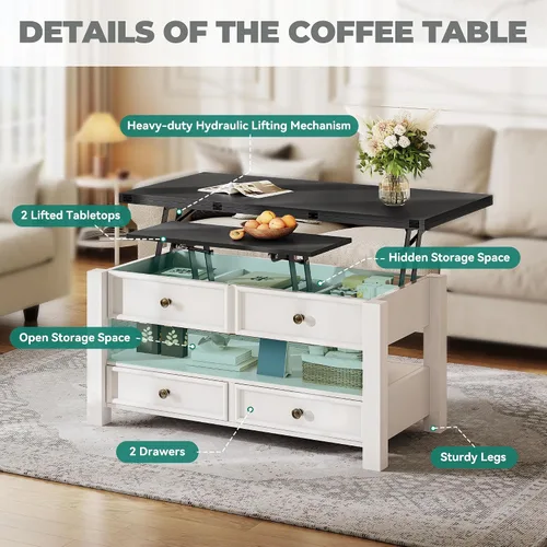 Miniatura 7 de YITAHOME Mesa auxiliar elevable, mesa auxiliar convertible multifunción 4 en 1 con cajones y compartimento oculto, se convierte en mesa de comedor