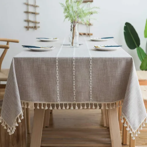 Miniatura 9 de Pahajim Mantel Rectangular a Rayas con Borlas, Mantel Grueso de Lino y Algodón para Picnic al Aire Libre, Comedor y Decoración de Cocina de Fiestas