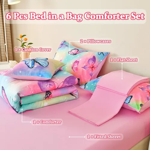 Miniatura 2 de Juego de edredón individual de 6 piezas para niñas, ropa de cama de mariposa rosa, juegos de edredón de mariposa con sábanas para niños