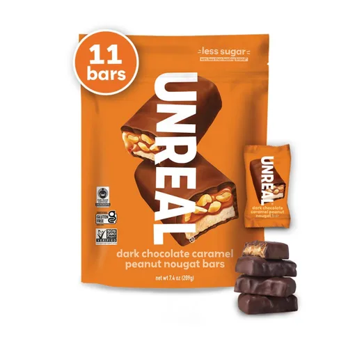 Miniatura 8 de UNREAL Barras de turrón de cacahuete con caramelo y chocolate oscuro, 70% ingredientes orgánicos, comercio justo, sin OMG, sin jarabe de maíz