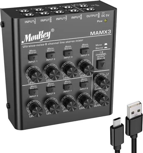 Mezclador de audio Moukey, DC 5V, 8 canales estéreo ultra, mezclador de línea de 8 canales de bajo ruido para sub-mezcla, para pequeños clubes o