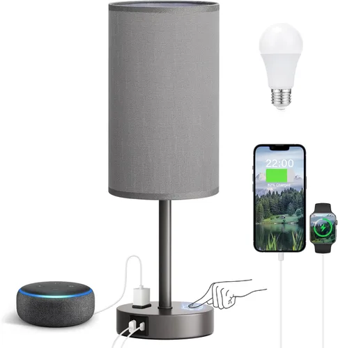 Miniatura 10 de Fenmzee Juego de lámparas de mesa pequeñas táctiles regulables de 2 a 3 vías, carga USB A + C, salida de CA, base de grano de madera, bombillas