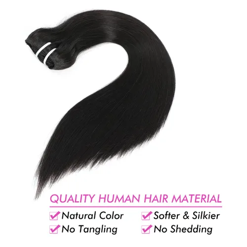 Miniatura 4 de Extensiones de cabello liso con clip para mujeres negras, 14 pulgadas, cabello humano sin procesar, grado 10A, suave, sedoso, color natural, clip
