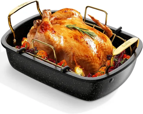 Bandeja antiadherente para asar con rejilla, bandeja grande de 17" x 13" pulgadas para asar pavo, bandeja para horno, asador para pavo, pollo, Dorado