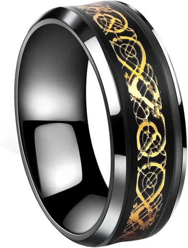 Anillo de boda Tanyoyo de acero inoxidable de oro negro con motivo de dragón celta, tamaños 7 a 14.