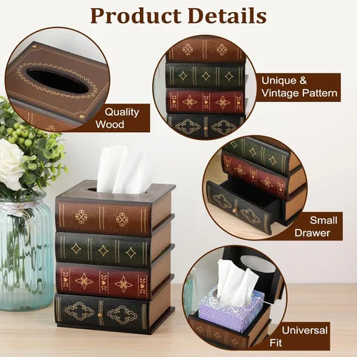 Miniatura 5 de Funda de madera antigua para caja de pañuelos con cajón de almacenamiento, soporte cuadrado para pañuelos decorativos, estuche dispensador de Parte