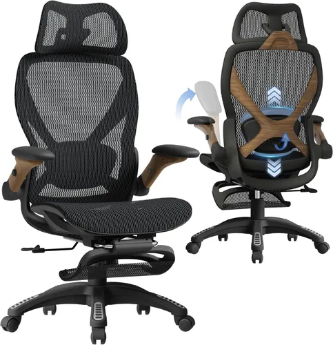 ELABEST X100 Silla ergonómica de oficina con reposapiés, silla grande y alta para escritorio en el hogar con brazos plegables 5D, soporte lumbar