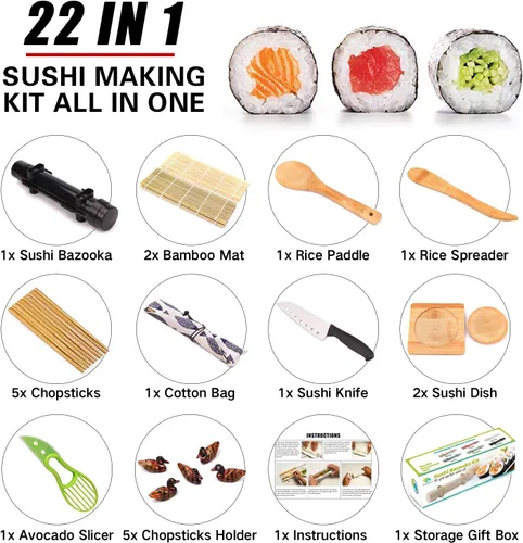 Miniatura 2 de Kit de fabricación de sushi SmileTools, juego de 22 piezas para principiantes con libro guía, bazuca, cuchillo, estera, cortador de aguacate, Negro2
