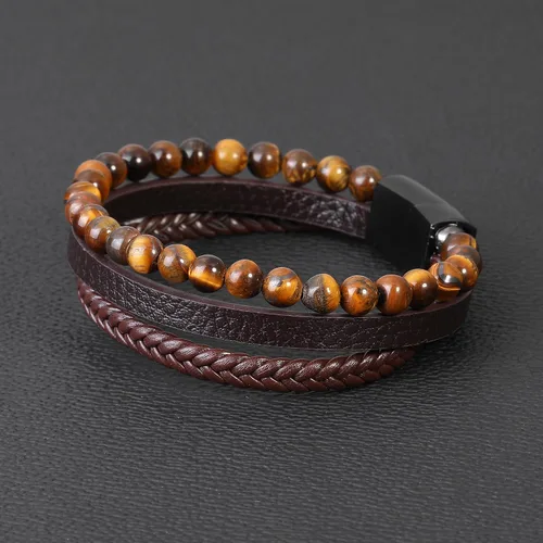 Miniatura 6 de Pulseras de cuentas de cuero en capas para hombres, pulseras de cuero trenzado con ojo de tigre y piedra de lava para hombres con cierre magnético
