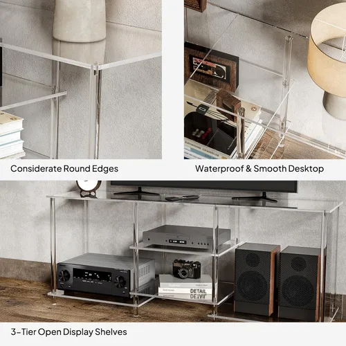 Miniatura 3 de Eglaf - Soporte acrílico para TV de 55 pulgadas, centro de entretenimiento de 3 niveles, hasta 60 pulgadas Clear TV Console Table with Open
