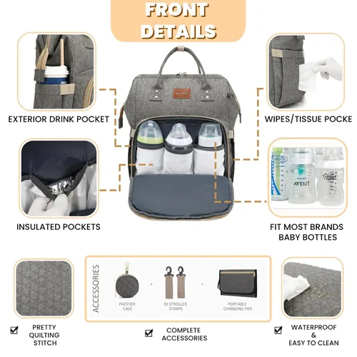 Miniatura 3 de ROSEGIN Mochila para pañales para bebé con cambiador, funda para chupete, para niños y niñas pequeños, grande, elegante, impermeable, bolsa de Gris