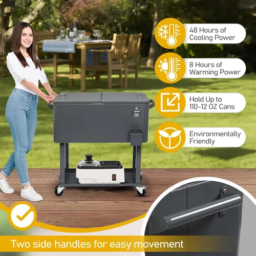 Miniatura 5 de Outvita Hielera Rodante de 80 Cuartos, Enfriador Portátil de Bebidas para Bar con Bandeja Colectora, Bandeja de Almacenamiento Inferior y Gris-oscuro