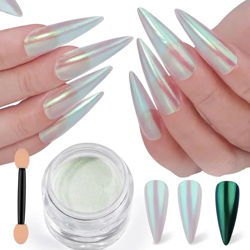 Miniatura 10 de Polvo de uñas cromado Moonlight, polvo de uñas cromado Aurora Pearl efecto espejo holográfico blanco brillante pigmento de azúcar polvo purpurina