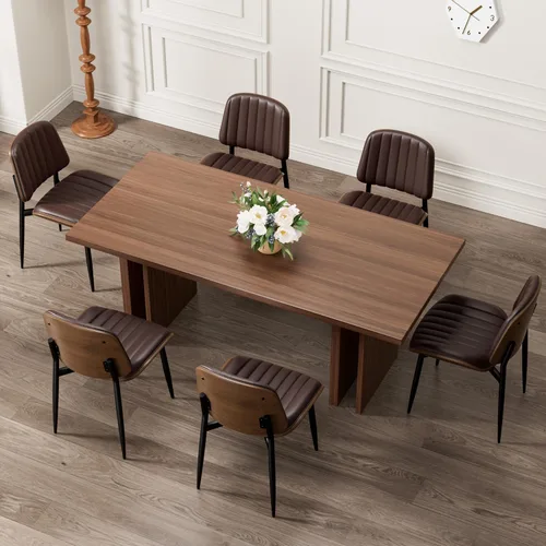 Miniatura 15 de REONEY - Juego de 4 sillas de comedor, modernas de mediados de siglo, tapizadas en piel sintética PU con respaldo de madera curvada de nogal y patas